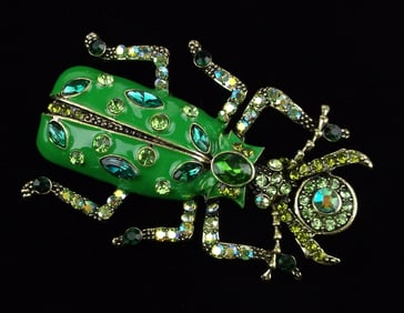 Mint Big Enameled Rhinestone Beetle Brooch