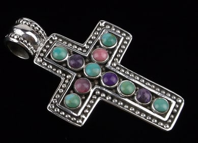 Big Mint Thick Vint Sterling Silver Turquoise Spiny Cross Pendant