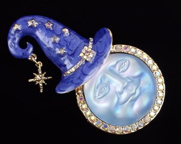 Big Mint Enameled Rhinestone Moonface Brooch Big