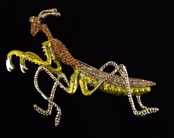 Big Mint Enameled Rhinestone Praying Mantis Brooch