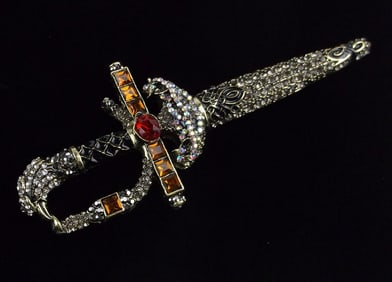 Big Mint Enameled Eagle Rhinestone Sword Brooch