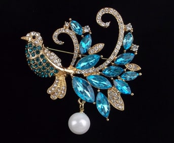 Big Mint Enameled Rhinestone Bird Of Paradise Brooch