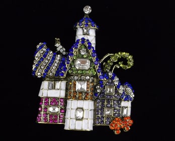 Big Mint Rhinestone Mushroom Rabbit Cottage Brooch