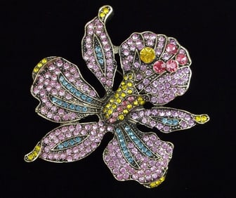 Big Mint Enameled Rhinestone Flower Brooch Orchid