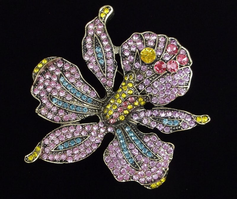 Big Mint Enameled Rhinestone Flower Brooch Orchid (1 of 2)
