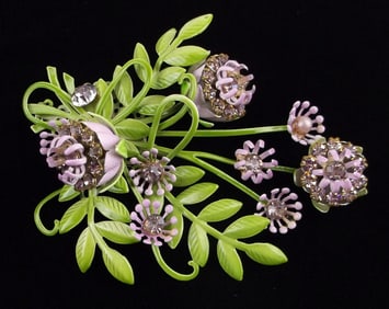 New Vint 1950s Enameled Rhinestone 3D Flower Brooch Stunning
