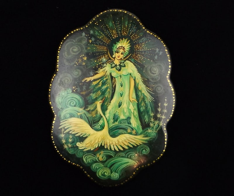 RARE Mint 1940s Russian Hand Painted Swan Princess Brooch (1 of 5)