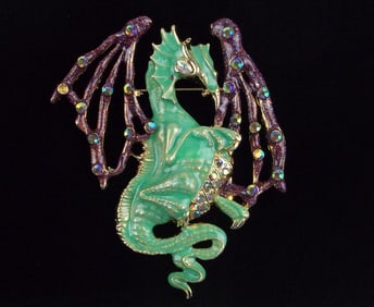 Huge Mint Enameled Rhinestone Dragon Brooch