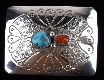 Mint 1960s Navajo Sterling Turquoise Coral Belt Buckle