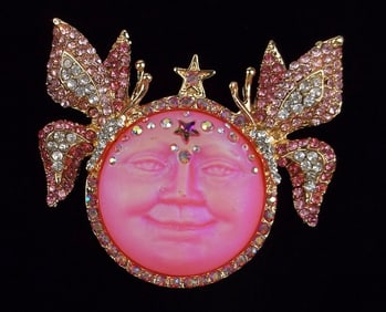 Big Mint Enameled Rhinestone Moonface Butterfly Brooch
