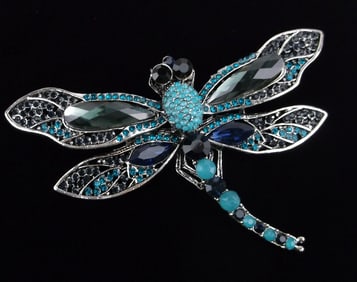 Big Mint Enameled Rhinestone Dragonfly Brooch