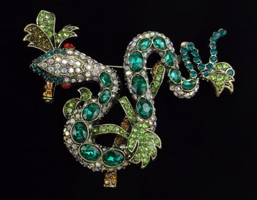 Huge Mint Enameled Rhinestone Jungle Snake Brooch