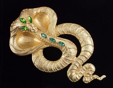 Mint Huge Enameled Rhinestone Cobra Snake Brooch