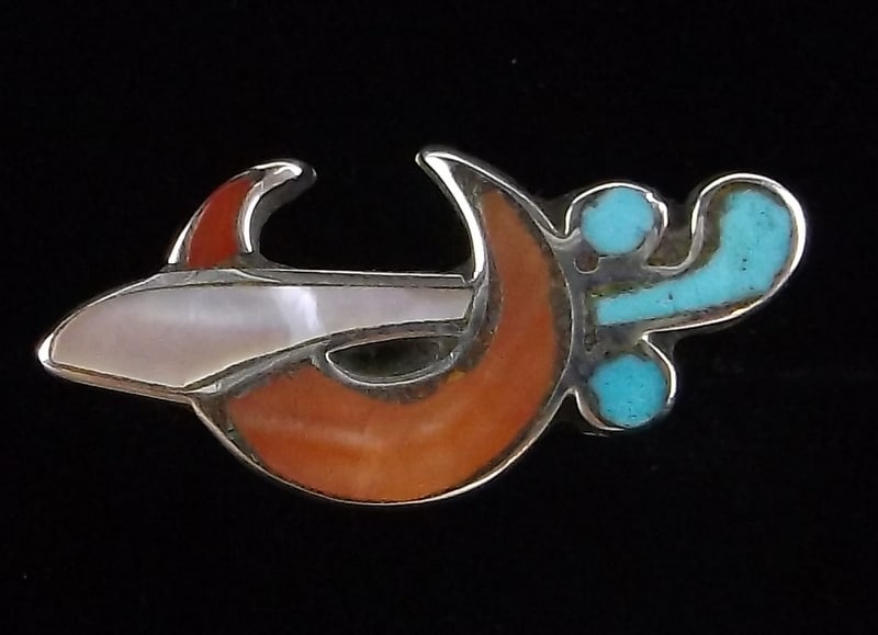 Mint 1960s Zuni Sterling Silver Turquoise Coral Shriners Pin (1 of 3)