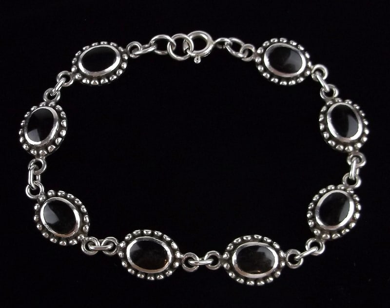 Stunning Vint Heavy Taxco Sterling Silver Onyx Bracelet 7.5": Guaranteed Solid 925 Sterling Silver, in Excellent Condition