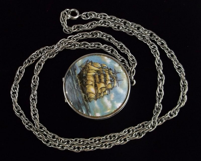 Gorgeous Vintage 1960s Enameled Ship Locket Necklace 24": excellent condition