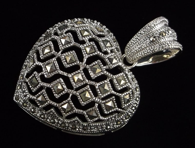 New Big Heavy Designer Sterling Silver Marcasite Heart Pendant: Solid Sterling Silver Guaranteed, in Brand New Never Worn Condition.
