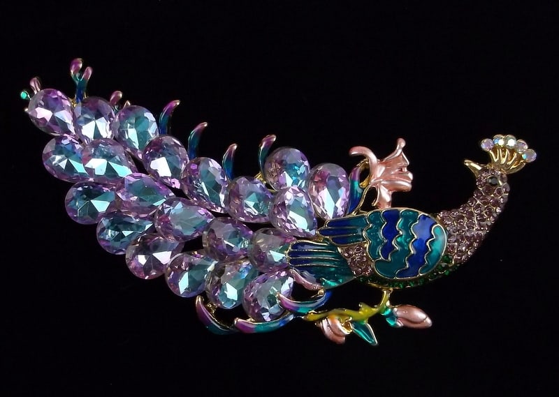 Big Mint Enameled Rhinestone Peacock Brooch: Mint Condition, In Like New Condition, Perfect
