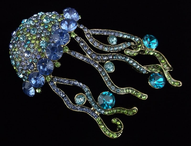 Big Mint Enameled Rhinestone Jellyfish Brooch: Mint Condition, In Like New Condition, Perfect