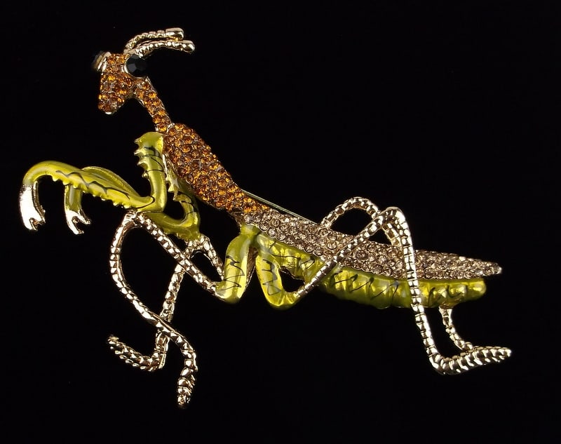 Big Mint Enameled Rhinestone Praying Mantis Brooch: Mint Condition, In Like New Condition, Perfect