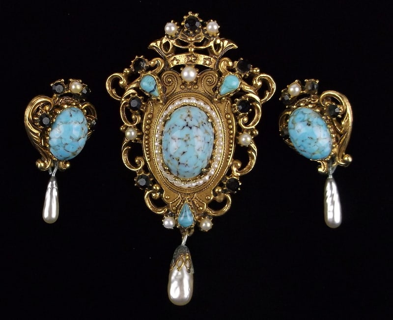 Rare Mint Vint 1960s Florenza Rhinestone Brooch Earrings Set (1 of 5)