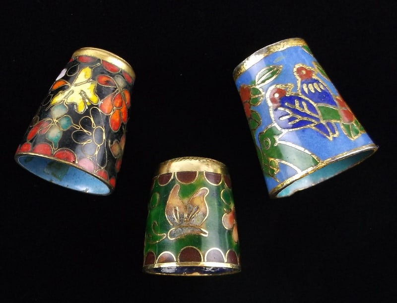 3 Stunning Vintage Cloisonne Sewing Thimbles Birds Etc: excellent condition