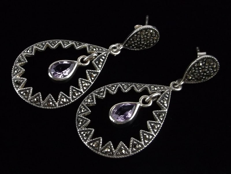 New Vint Designer Sterling Silver Amethyst Drop Earrings (1 of 3)