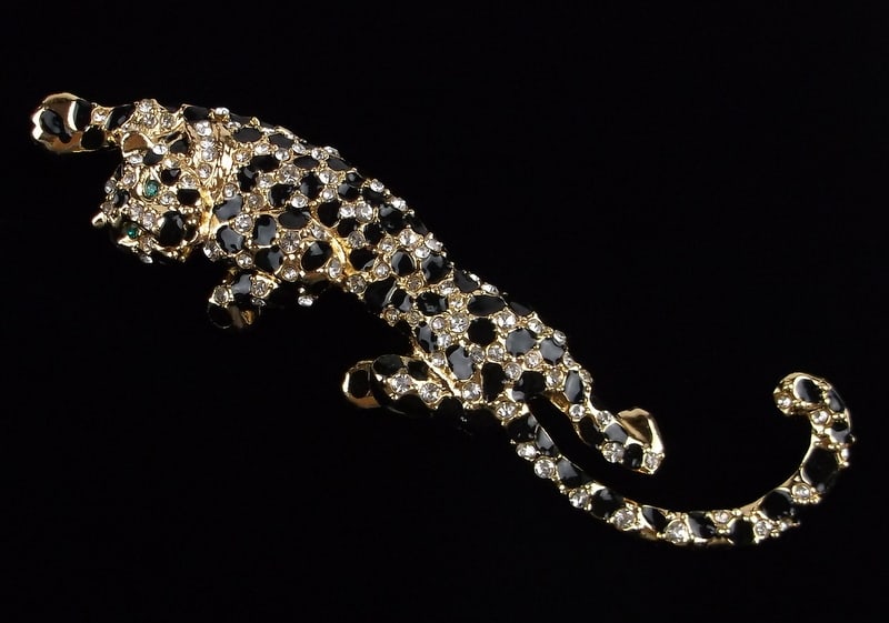 Mint Big Enameled Rhinestone Climbing Leopard Brooch (1 of 2)