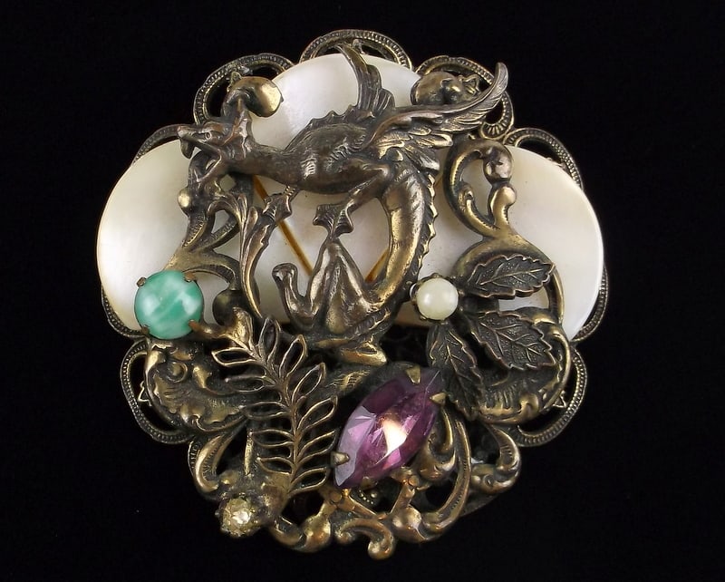 Mint Vint 1930s MOP Glass Cabochon Dragon Brooch: Mint Condition, In Like New Condition, Perfect