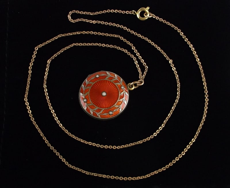 Mint 1910s Art Nouveau 12kt GF Locket Necklace 24" Enameled: Mint Condition, In Like New Condition, Perfect