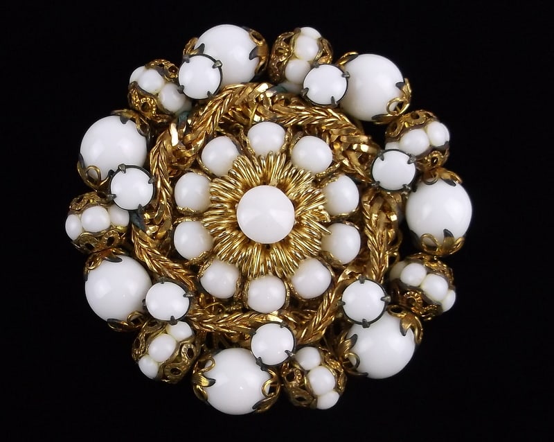 Mint Big 1950s Alice Caviness Milk Glass Rhinestone Brooch: Mint Condition, In Like New Condition, Perfect