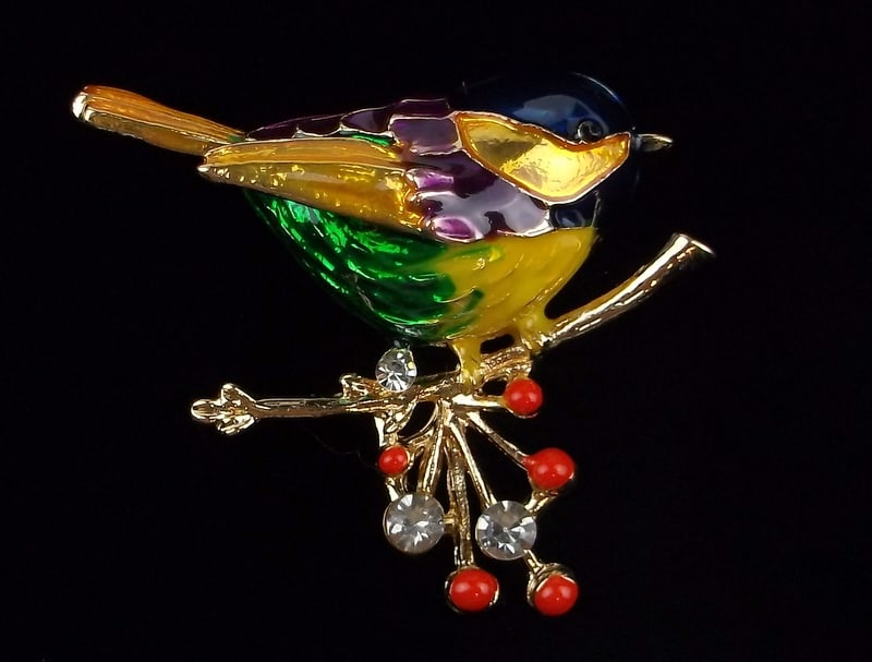 Mint Enameled Rhinestone Bird On Branch Brooch: Mint Condition, In Like New Condition, Perfect