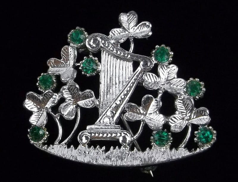 Mint Vintage 1950s Keltic Rhinestone Shamrock Harp Brooch: Mint Condition, In Like New Condition, Perfect