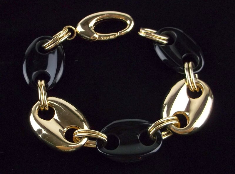 Mint Designer Gold Over Sterling Silver Onyx Bracelet 7.5" Heavy: Guaranteed Solid 925 Sterling Silver, in Excellent Condition