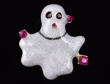 Mint Enameled Rhinestone Halloween Ghost Brooch