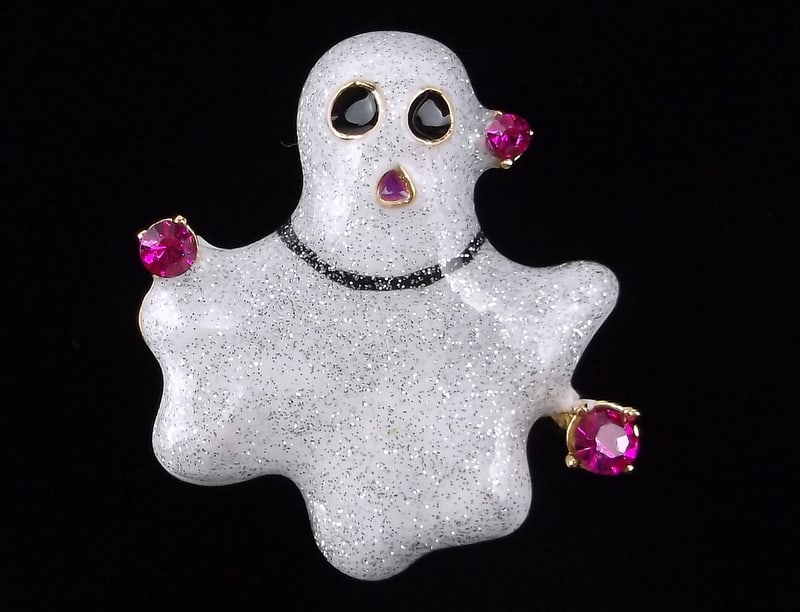 Mint Enameled Rhinestone Halloween Ghost Brooch