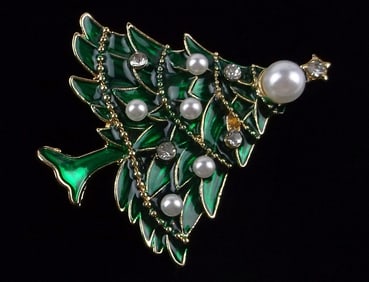 Mint Enameled Rhinestone Christmas Tree Brooch