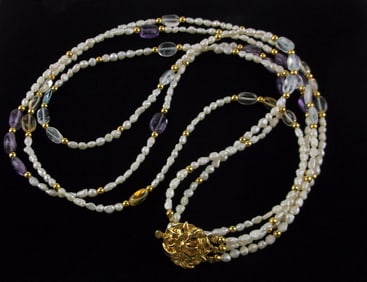 Mint Vint 1960s Pearl Amethyst Aquamarine Necklace 20"