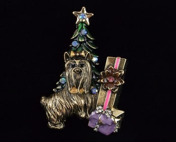 Mint Enameled Rhinestone Yorkie Christmas Tree Brooch Dog