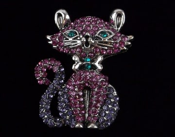 Mint Enameled Rhinestone Cat Brooch