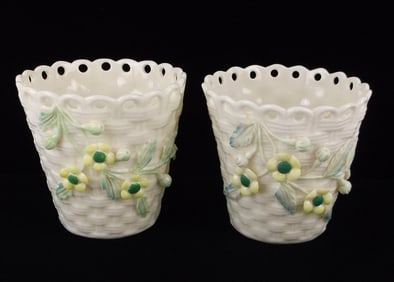 2 Mint Vint Belleek Irish Fine Porcelain Vase Planter Set