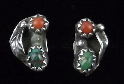 Mint 1960s Navajo Sterling Silver Turquoise Coral Earrings