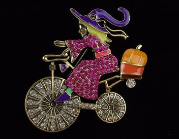 Mint Enam Rhinestone Halloween Witch On Bicycle Brooch