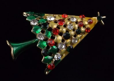 Mint Enameled Rhinestone Christmas Tree Brooch