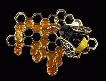 Mint Enameled Rhinestone Bee Honeycomb Beehive Brooch