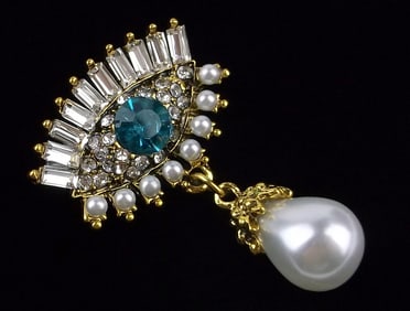 Mint Enameled Rhinestone All Seeing Eye Brooch