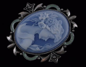 Mint Enameled Vintage Cameo Brooch