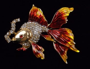 Mint Enameled Rhinestone Goldfish Brooch