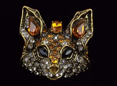 Mint Enameled Rhinestone Fox Brooch 3D