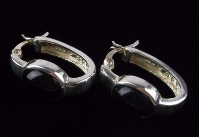 Stunning Vintage Thick Sterling Silver Onyx Earrings